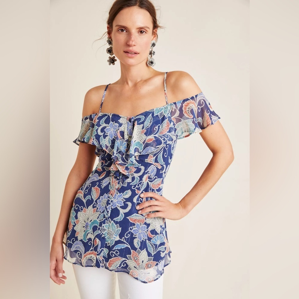 Anthropologie Maeve Mariposa Floral Print Open-Shoulder Ruffled Top EUC Size 2